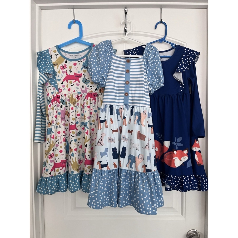 Lot Of 3 Millie Loves Lily Girls 8 RUFFLES DOTS FOX DRESS Cats Dogs 560